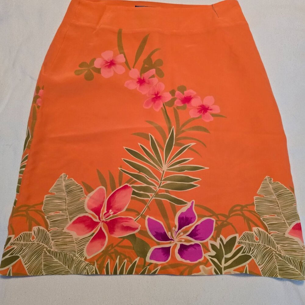 Tori Richard Honolulu 100% Silk Orange Midi Skirt Flowers Paradise Size 4 Lined - Picture 3 of 13
